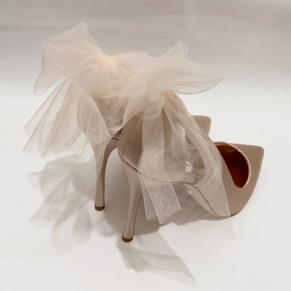 Badgley Mischka Kinsley Tulle Bow Detail Pumps Nude Stiletto Heel Evening Shoes - Picture 9 of 12